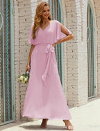 Vestido de dama de honra decote em V longo com cinto para 28022