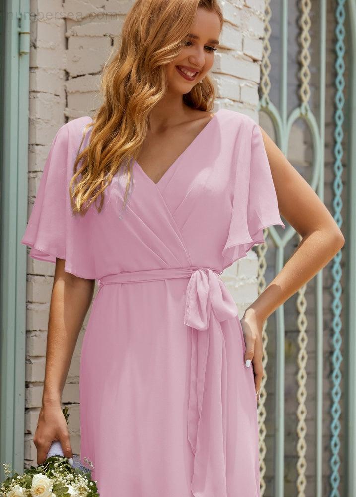 Vestido de dama de honra decote em V longo com cinto para 28022
