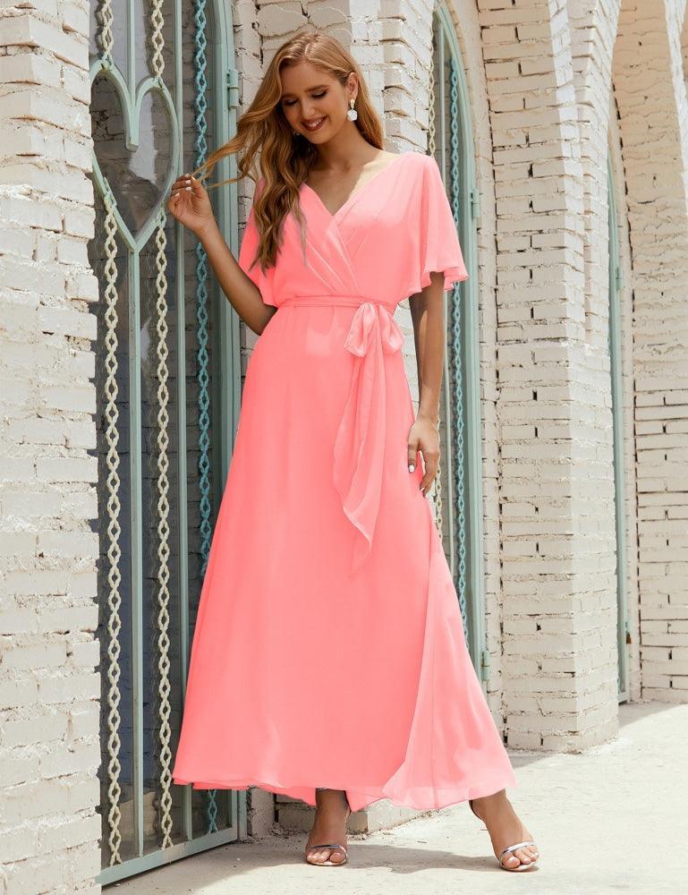 Vestido de dama de honra decote em V longo com cinto para 28022