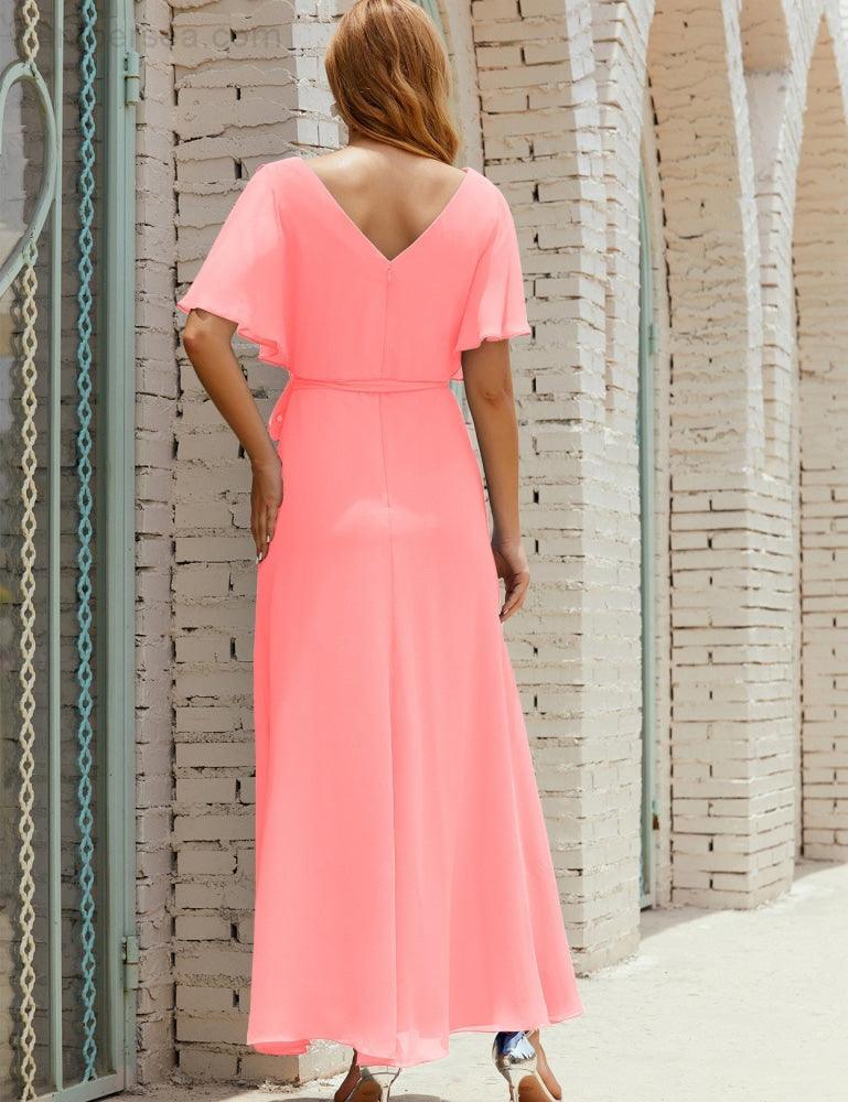 Vestido de dama de honra decote em V longo com cinto para 28022