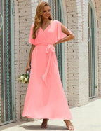 Vestido de dama de honra decote em V longo com cinto para 28022