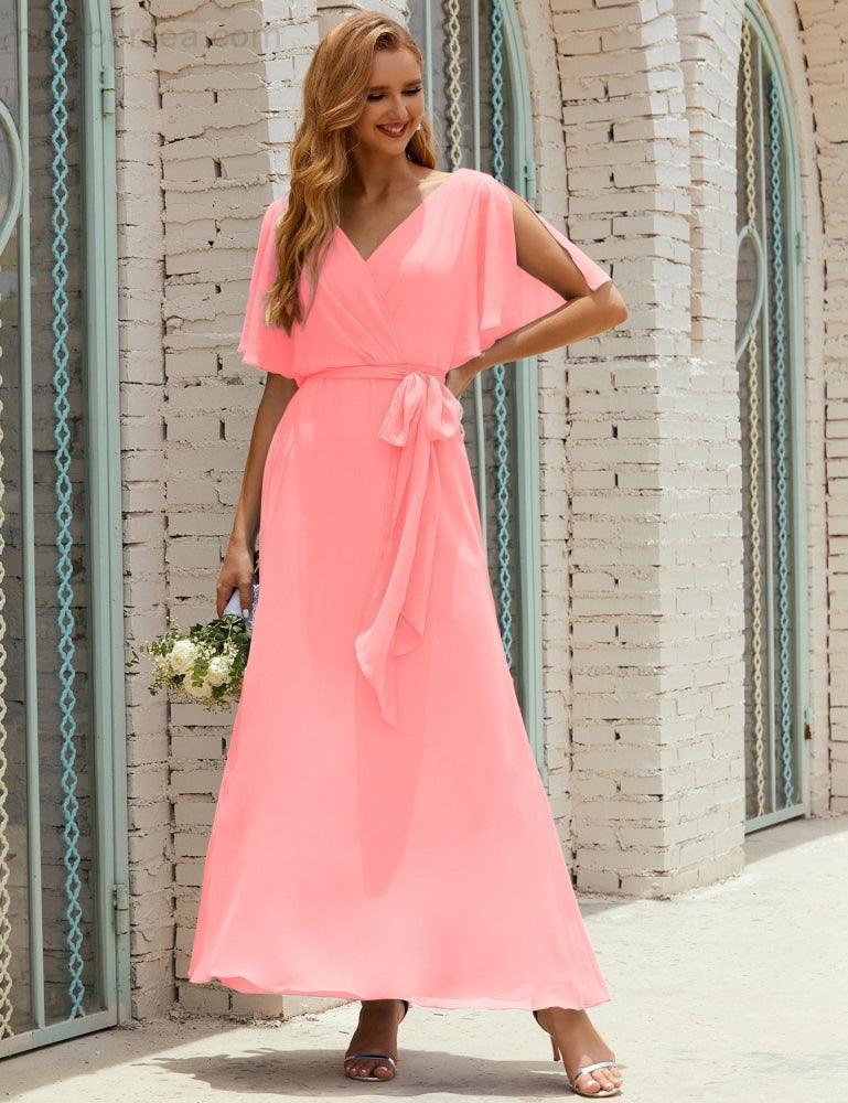 Vestido de dama de honra decote em V longo com cinto para 28022