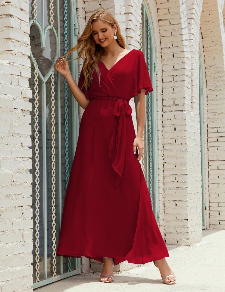 Vestido de dama de honra decote em V longo com cinto para 28022