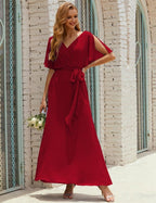 Vestido de dama de honra decote em V longo com cinto para 28022