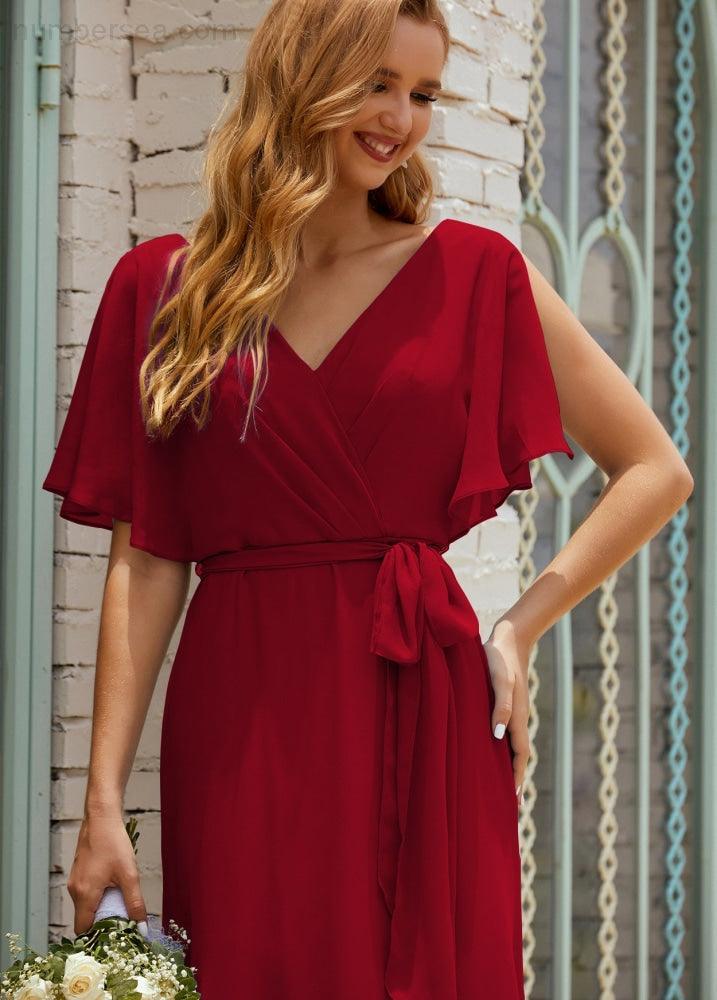 Vestido de dama de honra decote em V longo com cinto para 28022