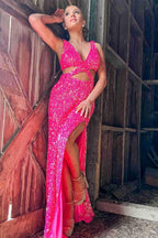 Robe de bal rose vif à paillettes avec fente SYP110