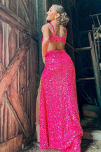 Robe de bal rose vif à paillettes avec fente SYP110
