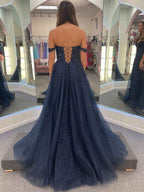 Navy Blue V Neck Long Prom Dress With Sparkle Tulle And Appliques