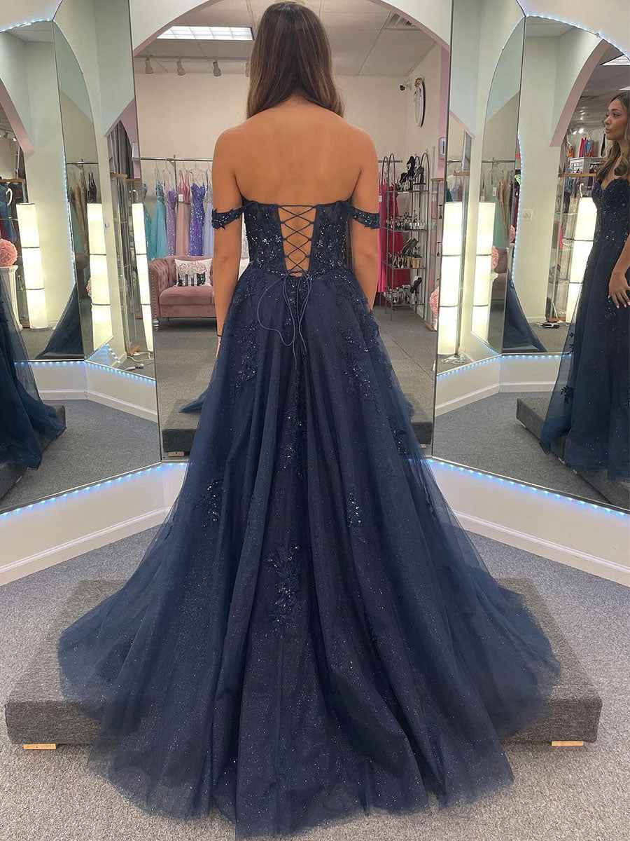 Navy Blue V Neck Long Prom Dress With Sparkle Tulle And Appliques