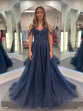 Navy Blue V Neck Long Prom Dress With Sparkle Tulle And Appliques