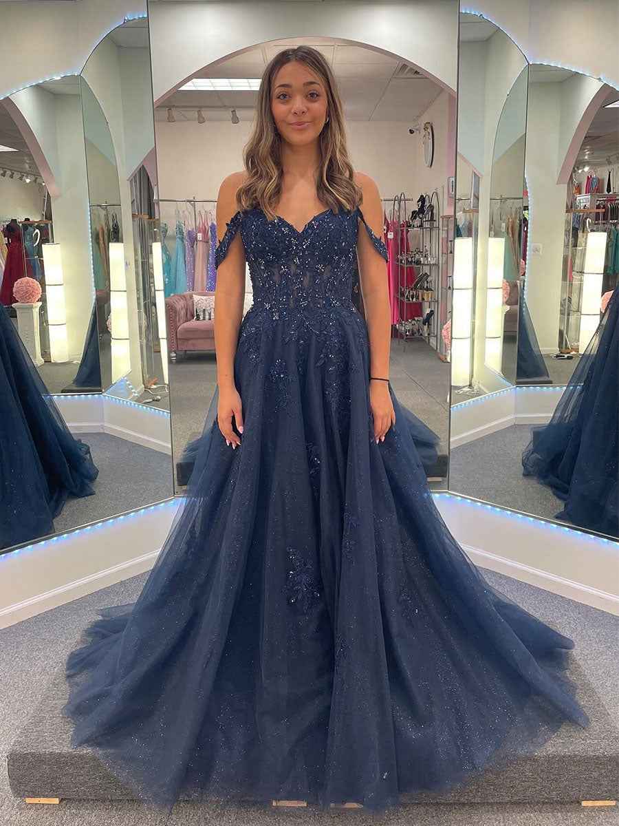 Navy Blue V Neck Long Prom Dress With Sparkle Tulle And Appliques
