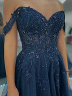 Navy Blue V Neck Long Prom Dress With Sparkle Tulle And Appliques