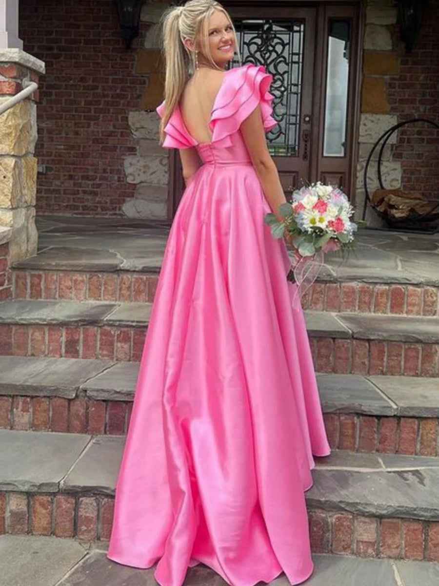 Hot Pink Satin Off Shoulder V Neck Ruffle A Line Long Prom Dress Slit