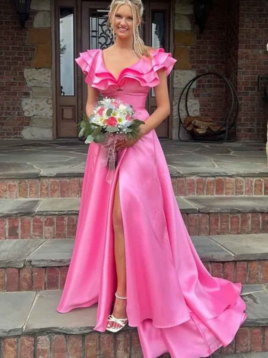 Hot Pink Satin Off Shoulder V Neck Ruffle A Line Long Prom Dress Slit