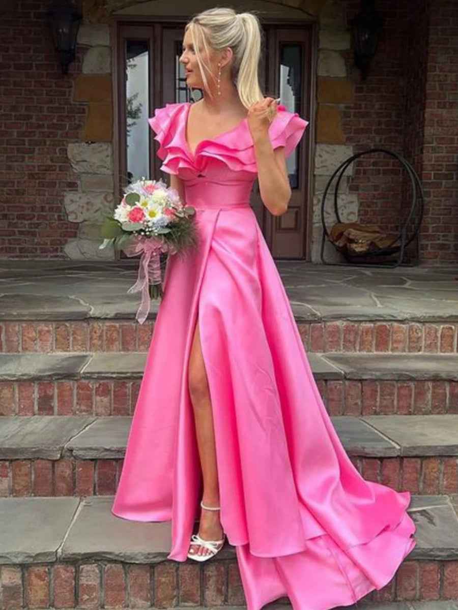Hot Pink Satin Off Shoulder V Neck Ruffle A Line Long Prom Dress Slit