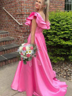 Hot Pink Satin Off Shoulder V Neck Ruffle A Line Long Prom Dress Slit