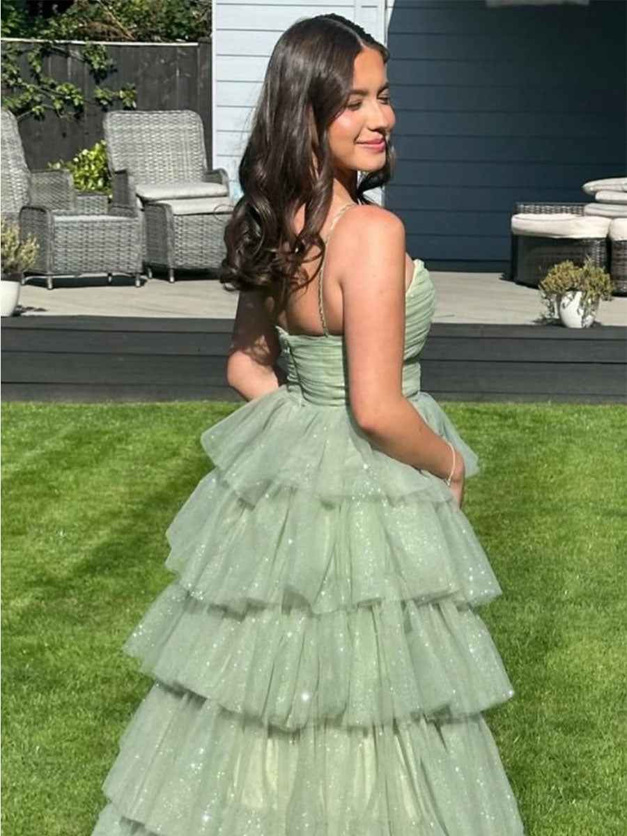 V Neck Sage Green Tiered Sparkle Tulle Crisscross Halter Prom Dress Long