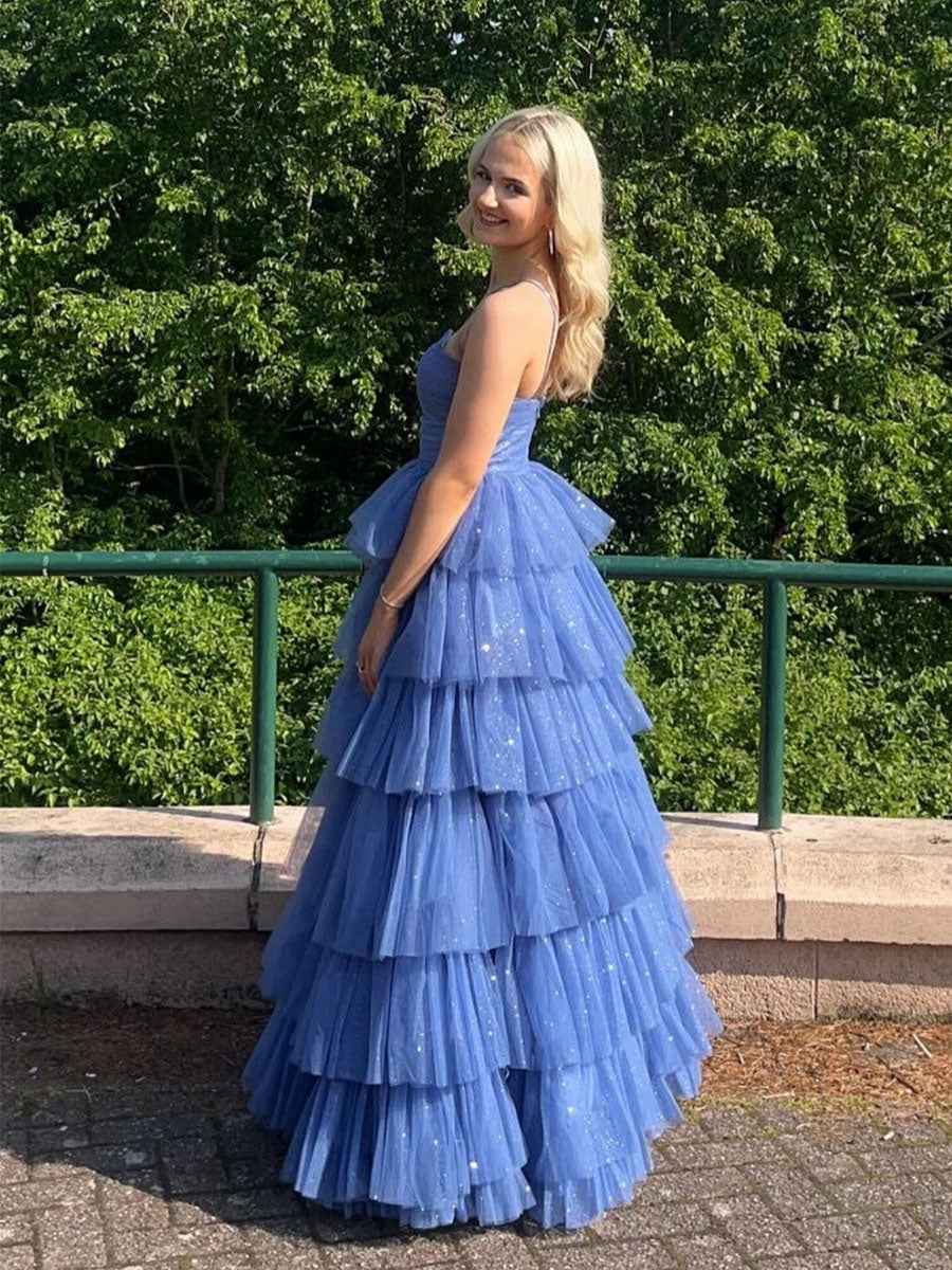V Neck Sage Green Tiered Sparkle Tulle Crisscross Halter Prom Dress Long