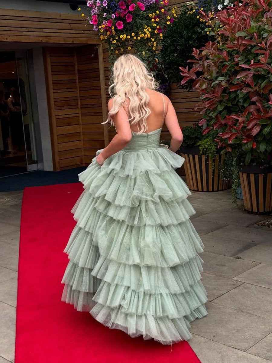 V Neck Sage Green Tiered Sparkle Tulle Crisscross Halter Prom Dress Long