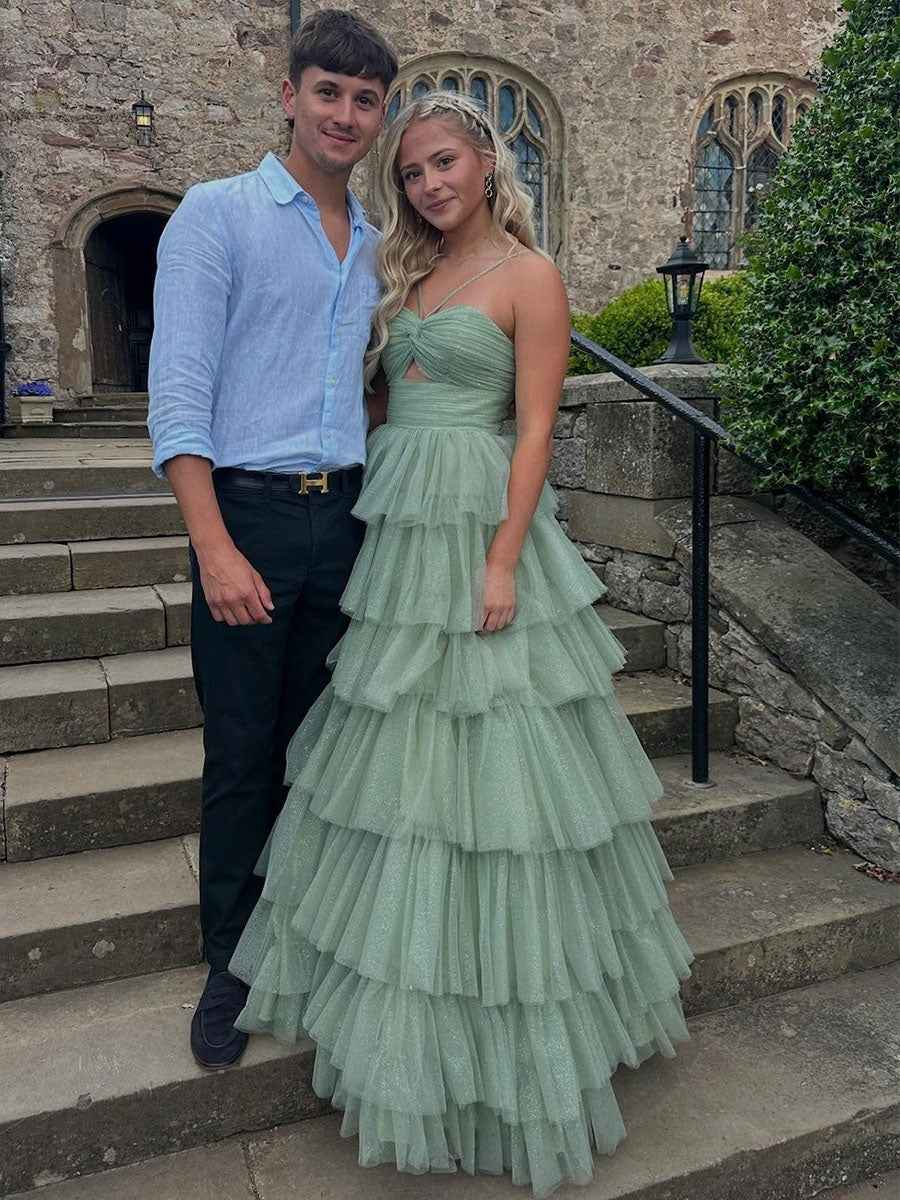 V Neck Sage Green Tiered Sparkle Tulle Crisscross Halter Prom Dress Long