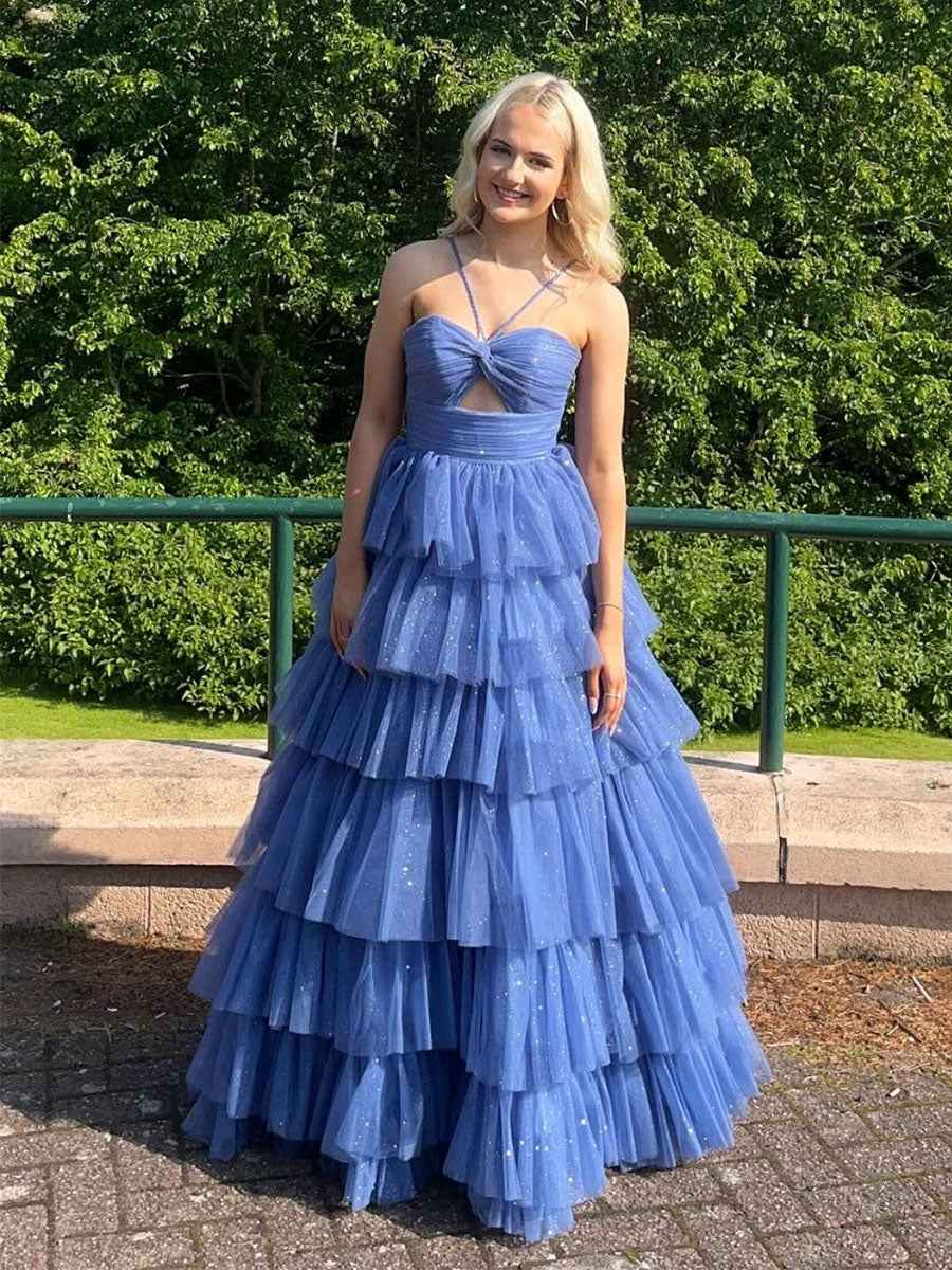 V Neck Sage Green Tiered Sparkle Tulle Crisscross Halter Prom Dress Long