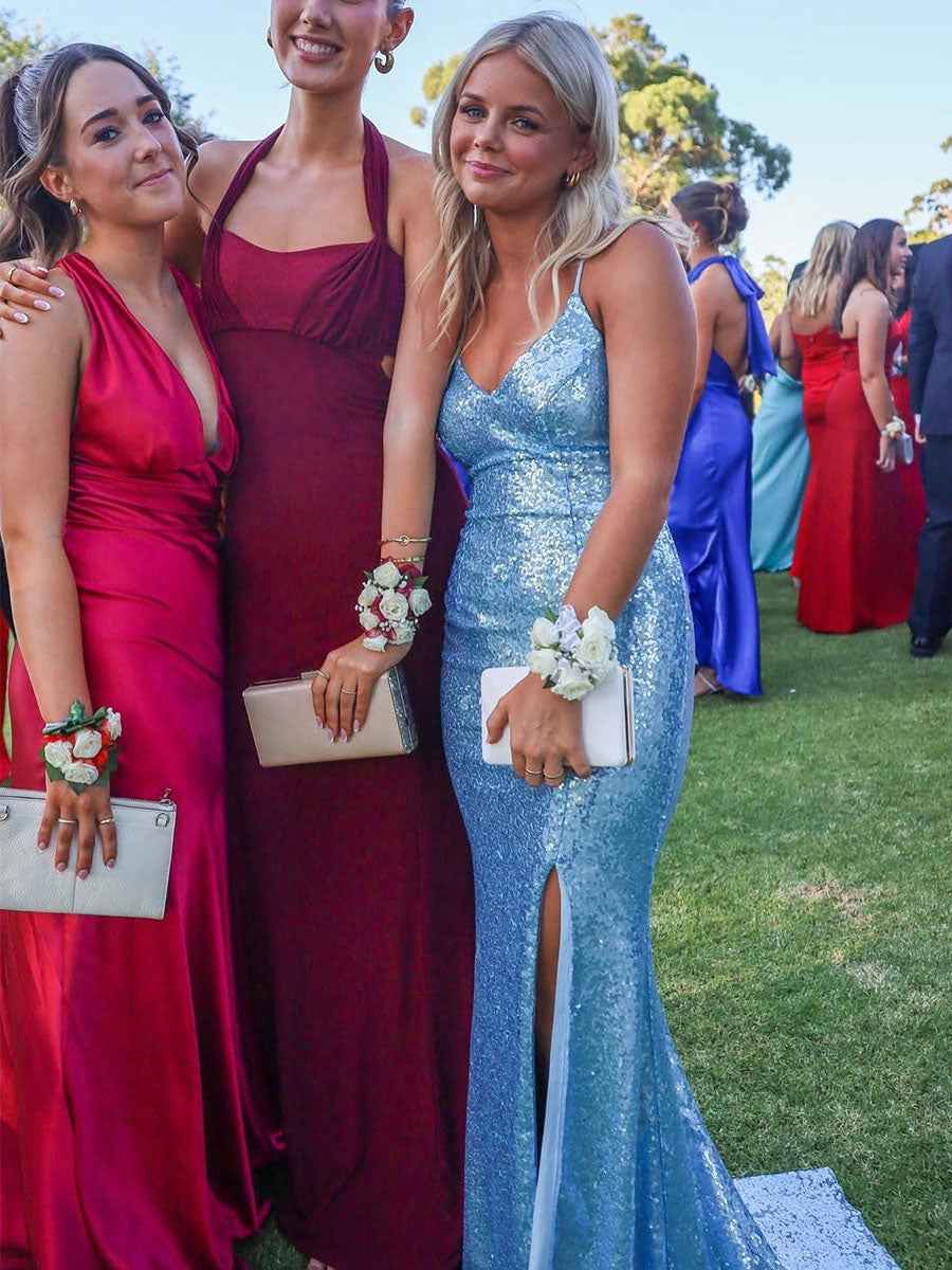 Turquoise Sequin V Neck Long Prom Dress With Slit And Spaghetti Straps