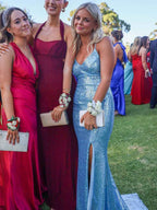 Turquoise Sequin V Neck Long Prom Dress With Slit And Spaghetti Straps