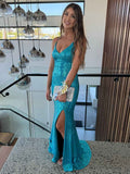 Turquoise Sequin V Neck Long Prom Dress With Slit And Spaghetti Straps