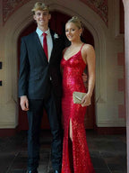 Turquoise Sequin V Neck Long Prom Dress With Slit And Spaghetti Straps