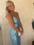 Turquoise Sequin V Neck Long Prom Dress With Slit And Spaghetti Straps