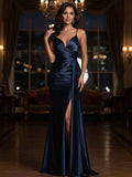 Navy Satin V Neck Long Spaghetti Strap Prom Dress Mermaid Silhouette