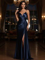 Navy Satin V Neck Long Spaghetti Strap Prom Dress Mermaid Silhouette