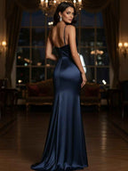 Navy Satin V Neck Long Spaghetti Strap Prom Dress Mermaid Silhouette
