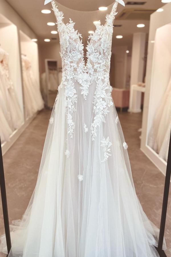 Abito da sposa lungo con scollo a V a linea ad A, chiffon, pizzo, schiena scoperta e spacco