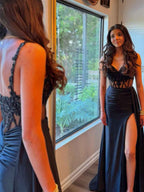 V Neck Sequin Appliques Long Prom Dress With Slit For Formal Occasions
