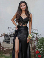 V Neck Sequin Appliques Long Prom Dress With Slit For Formal Occasions