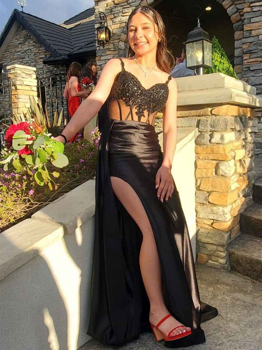 V Neck Sequin Appliques Long Prom Dress With Slit For Formal Occasions