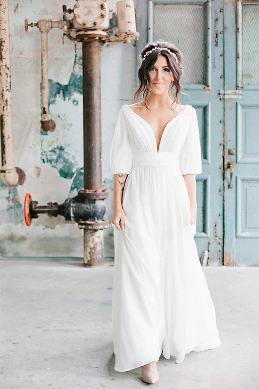 V-Ausschnitt Halbarm Empire Schlichtes Chiffon Lässiges Brautkleid