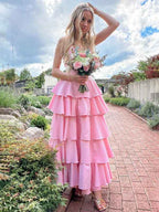 Pink A Line V Neck Tiered Satin Long Prom Dress With Ruffles