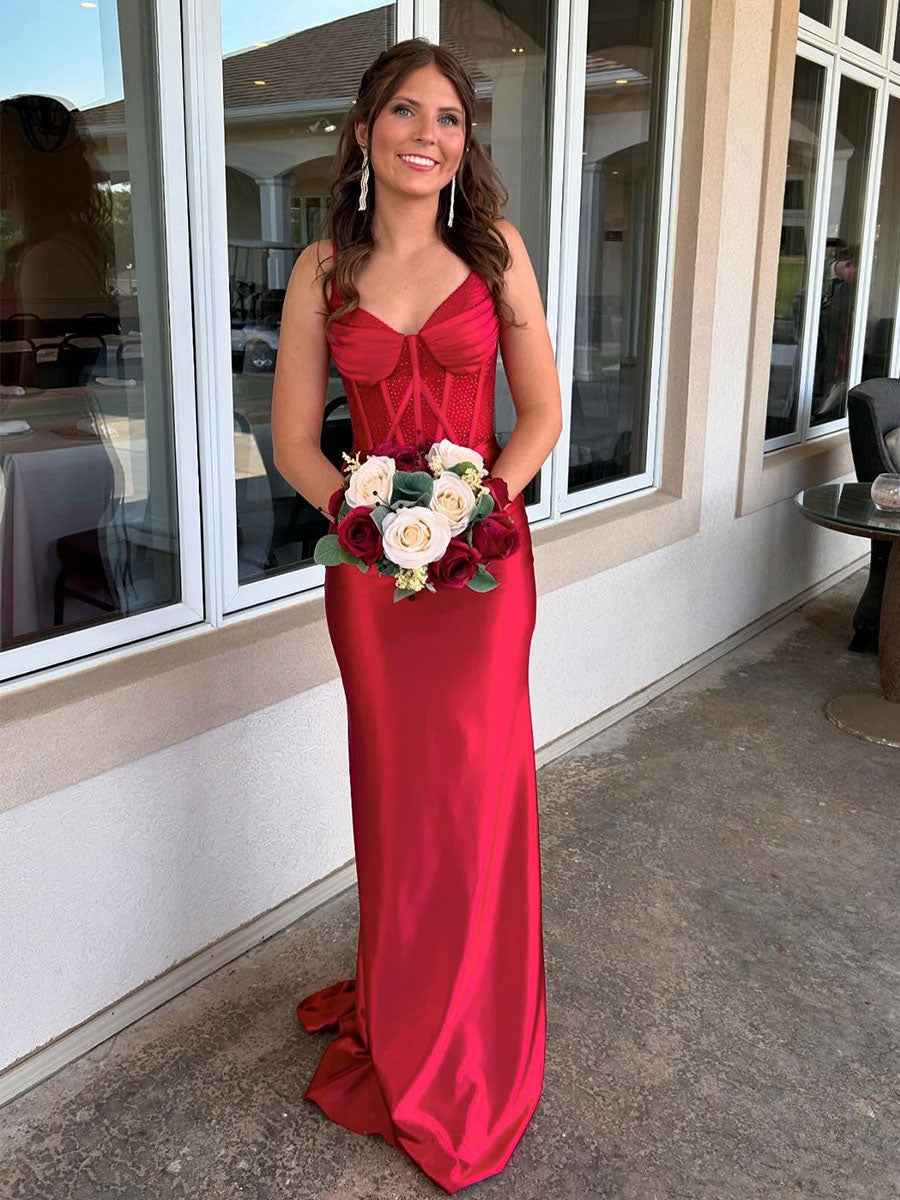 Red Satin V Neck Beaded Mermaid Long Prom Dress With Slit