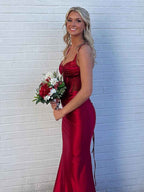 Red Satin V Neck Beaded Mermaid Long Prom Dress With Slit