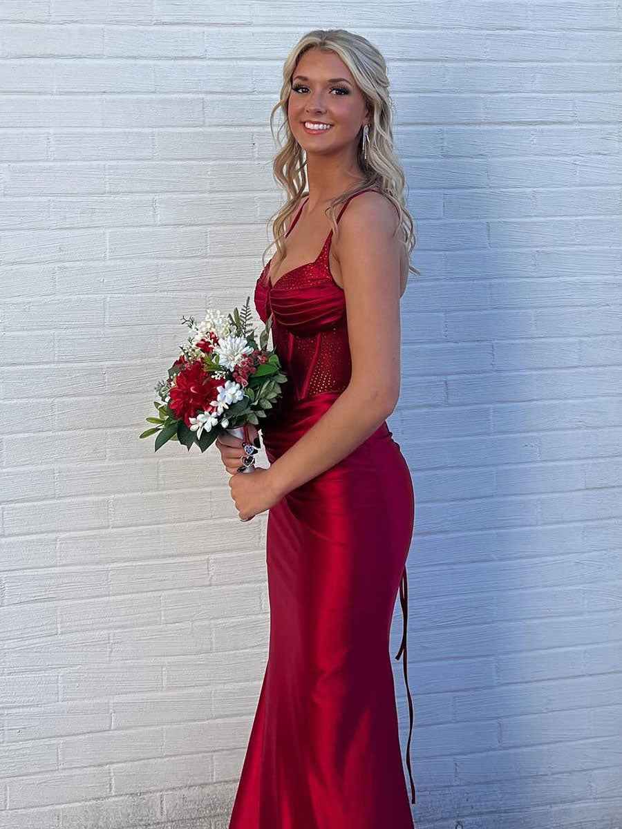 Red Satin V Neck Beaded Mermaid Long Prom Dress With Slit