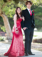 Red Sequin Appliques V Neck Long Prom Dress With Slit And Sparkle