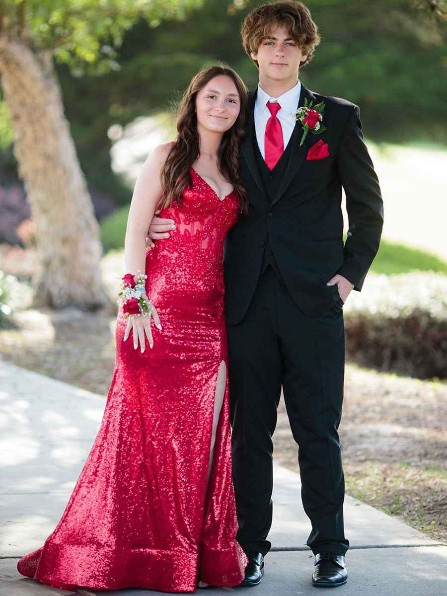Red Sequin Appliques V Neck Long Prom Dress With Slit And Sparkle