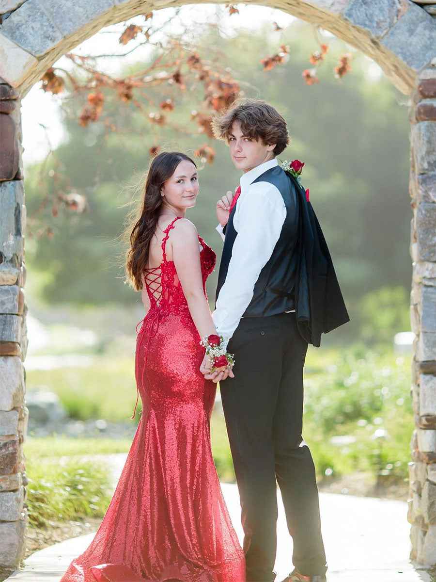 Red Sequin Appliques V Neck Long Prom Dress With Slit And Sparkle