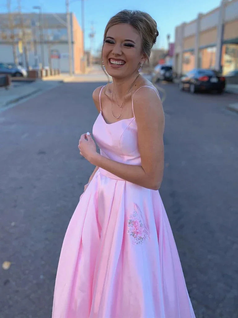 Vestido de Cetim Rosa para Baile com Bolsos, Vestidos Formais Longos de Cetim Rosa para Noite Y237