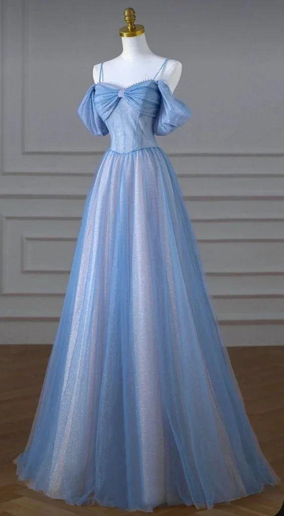 Abito lungo da sera blu con spalline sottili in tulle, bellissimo abito da ballo a linea ad A Y4592