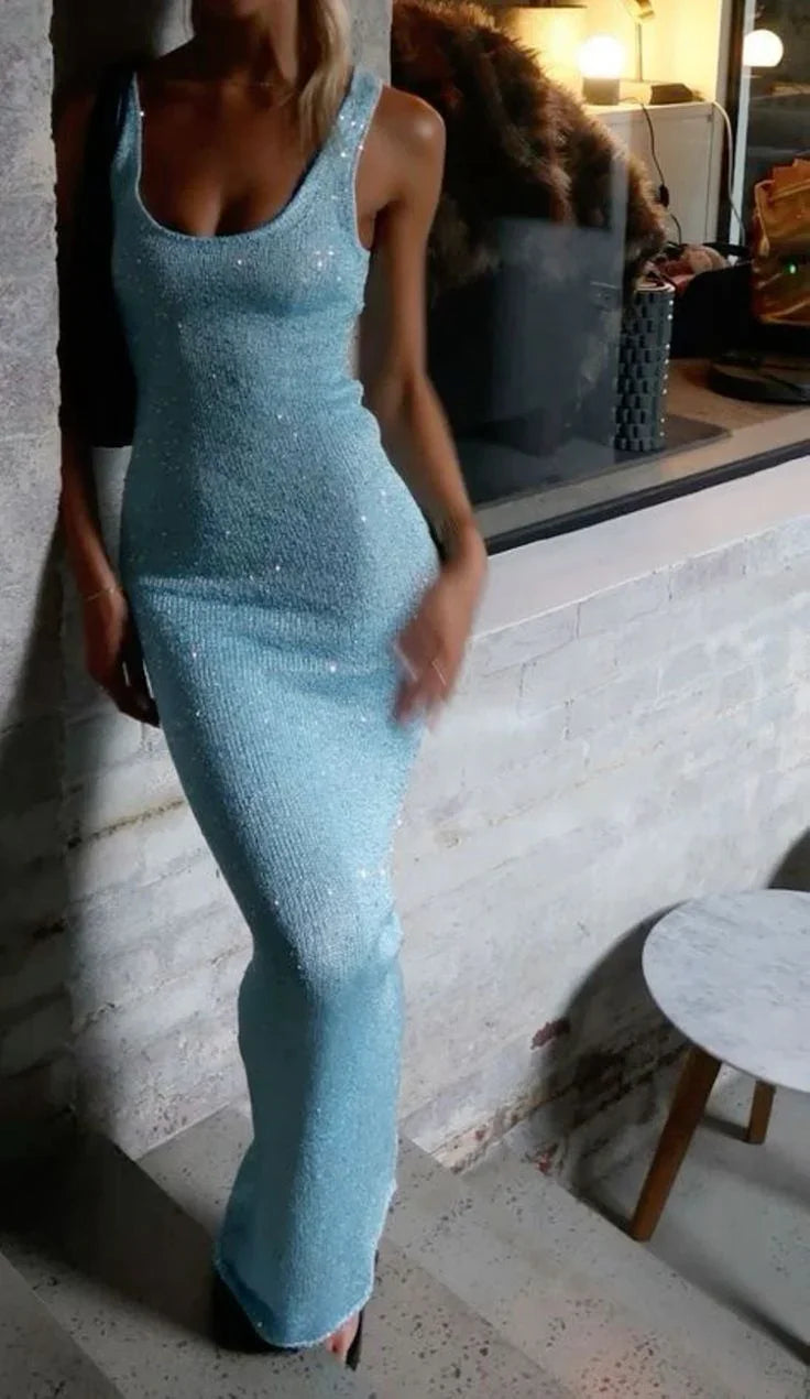 Abito lungo da sera blu elegante con paillettes modello Y7754
