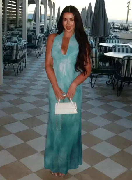 Elegante abito lungo da sera in chiffon blu stampato, senza schiena, modello da ballo Y8478