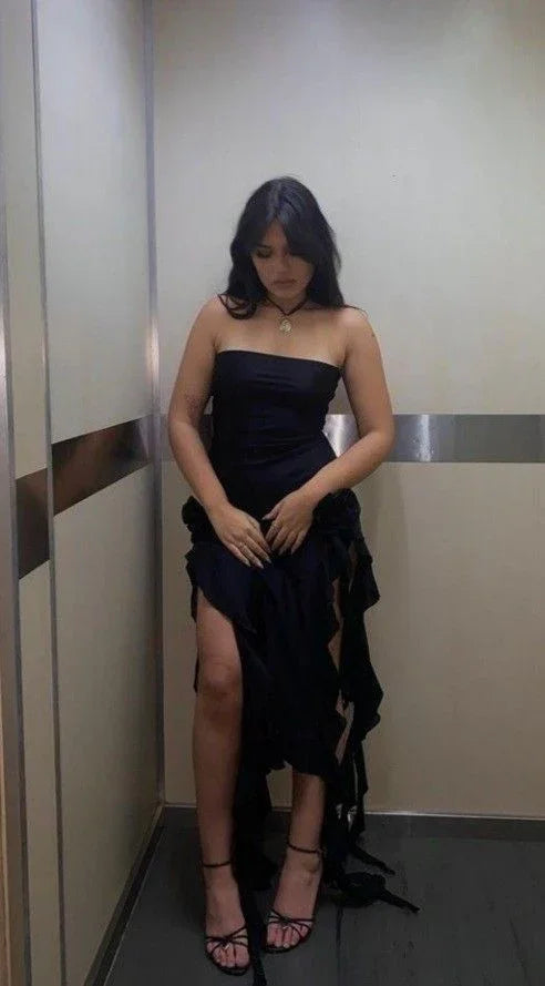 Vestido de Festa Preto Justo com Folhos, Sem Alças, em Chiffon, Modelo Y7765